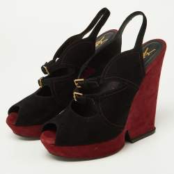 Pre Owned Yves Saint Laurent Black/Burgundy Suede Slingback Wedge Sandals Size 41