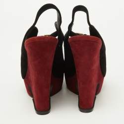 Pre Owned Yves Saint Laurent Black/Burgundy Suede Slingback Wedge Sandals Size 41