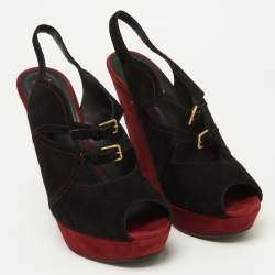 Pre Owned Yves Saint Laurent Black/Burgundy Suede Slingback Wedge Sandals Size 41