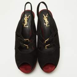 Pre Owned Yves Saint Laurent Black/Burgundy Suede Slingback Wedge Sandals Size 41