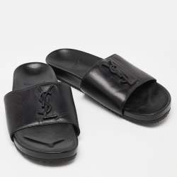 Pre Owned Saint Laurent Black Leather Joan Flat Slides Size 38