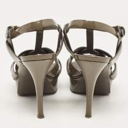 Pre Owned Yves Saint Laurent Grey Patent Tribute Ankle Strap Sandals Size 38.5