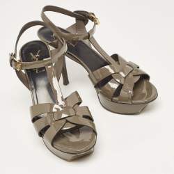 Pre Owned Yves Saint Laurent Grey Patent Tribute Ankle Strap Sandals Size 38.5
