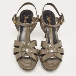 Pre Owned Yves Saint Laurent Grey Patent Tribute Ankle Strap Sandals Size 38.5
