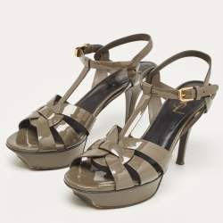 Pre Owned Yves Saint Laurent Grey Patent Tribute Ankle Strap Sandals Size 38.5