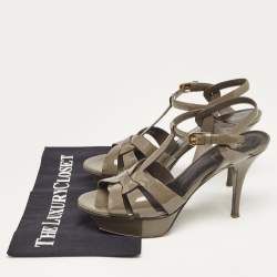 Pre Owned Yves Saint Laurent Grey Patent Tribute Ankle Strap Sandals Size 38.5