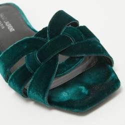 Pre Owned Yves Saint Laurent Green Velvet Tribute Flat Slides Size 38.5
