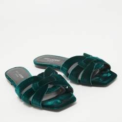 Pre Owned Yves Saint Laurent Green Velvet Tribute Flat Slides Size 38.5