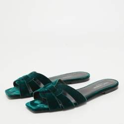 Pre Owned Yves Saint Laurent Green Velvet Tribute Flat Slides Size 38.5