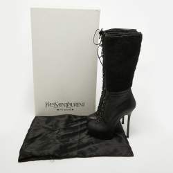 Yves Saint Laurent Black Leather and Wool Platform Mid Calf Boots Size 39.5