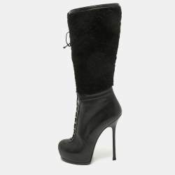 Yves Saint Laurent Black Leather and Wool Platform Mid Calf Boots Size 39.5