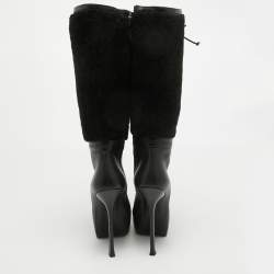 Yves Saint Laurent Black Leather and Wool Platform Mid Calf Boots Size 39.5