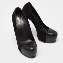 Yves Saint Laurent Black Suede and Snakeskin Cap Toe Tribtoo Platform Pumps Size 38.5