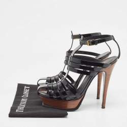Pre Owned Yves Saint Laurent Black Patent Tribute Ankle Strap Sandals Size 39