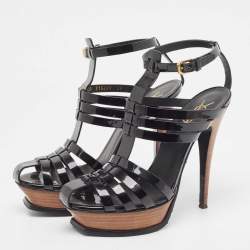 Pre Owned Yves Saint Laurent Black Patent Tribute Ankle Strap Sandals Size 39