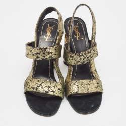 Pre Owned Yves Saint Laurent Gold/Black Suede Slingback Sandals Size 40