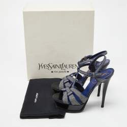 Pre Owned Yves Saint Laurent Grey/Blue Fabric and Leather Tribute Ankle Strap Sandals Size 37.5