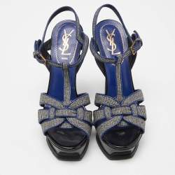 Pre Owned Yves Saint Laurent Grey/Blue Fabric and Leather Tribute Ankle Strap Sandals Size 37.5