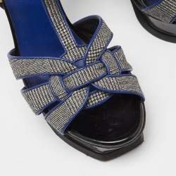 Pre Owned Yves Saint Laurent Grey/Blue Fabric and Leather Tribute Ankle Strap Sandals Size 37.5