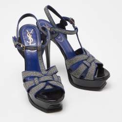 Pre Owned Yves Saint Laurent Grey/Blue Fabric and Leather Tribute Ankle Strap Sandals Size 37.5
