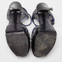 Pre Owned Yves Saint Laurent Grey/Blue Fabric and Leather Tribute Ankle Strap Sandals Size 37.5