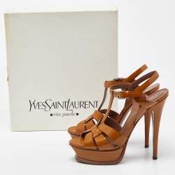 Pre Owned Yves Saint Laurent Mustard Patent Leather Tribute Ankle Strap Sandals Size 37
