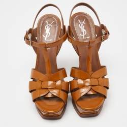 Pre Owned Yves Saint Laurent Mustard Patent Leather Tribute Ankle Strap Sandals Size 37