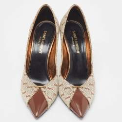 Pre Owned Yves Saint Laurent Brown/Grey Canvas and Leather Pointed Toe Pumps Size 36