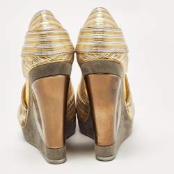 Pre Owned Yves Saint Laurent Gold/Silver Leather Wedge Pumps Size 37.5