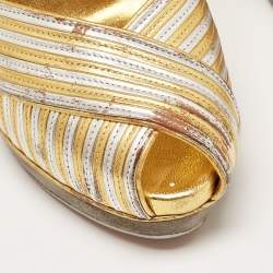 Pre Owned Yves Saint Laurent Gold/Silver Leather Wedge Pumps Size 37.5