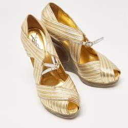 Pre Owned Yves Saint Laurent Gold/Silver Leather Wedge Pumps Size 37.5