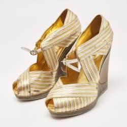 Pre Owned Yves Saint Laurent Gold/Silver Leather Wedge Pumps Size 37.5