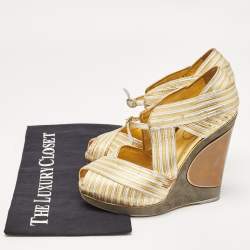 Pre Owned Yves Saint Laurent Gold/Silver Leather Wedge Pumps Size 37.5