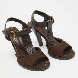 Pre Owned Yves Saint Laurent Dark Brown Suede and Leather Whipstitch T Strap Sandals Size 40
