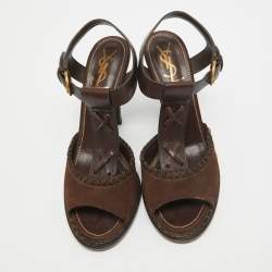Pre Owned Yves Saint Laurent Dark Brown Suede and Leather Whipstitch T Strap Sandals Size 40