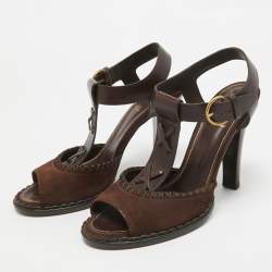 Pre Owned Yves Saint Laurent Dark Brown Suede and Leather Whipstitch T Strap Sandals Size 40