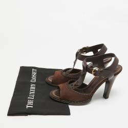 Pre Owned Yves Saint Laurent Dark Brown Suede and Leather Whipstitch T Strap Sandals Size 40
