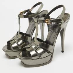 Pre Owned Yves Saint Laurent Metallic Grey Leather Tribute Sandals Size 39