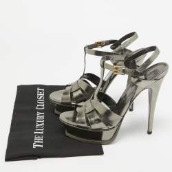 Pre Owned Yves Saint Laurent Metallic Grey Leather Tribute Sandals Size 39