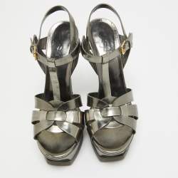 Pre Owned Yves Saint Laurent Metallic Grey Leather Tribute Sandals Size 39
