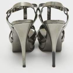 Pre Owned Yves Saint Laurent Metallic Grey Leather Tribute Sandals Size 39