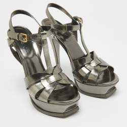 Pre Owned Yves Saint Laurent Metallic Grey Leather Tribute Sandals Size 39