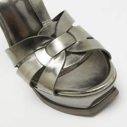 Pre Owned Yves Saint Laurent Metallic Grey Leather Tribute Sandals Size 39