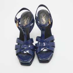 Pre Owned Yves Saint Laurent  Blue Patent Tribute Ankle Strap Sandals Size 36
