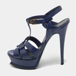 Pre Owned Yves Saint Laurent  Blue Patent Tribute Ankle Strap Sandals Size 36