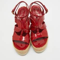 مملوكة مسبقًا Yves Saint Laurent Red Patent Wedge Ankle Sandals Size 39.5