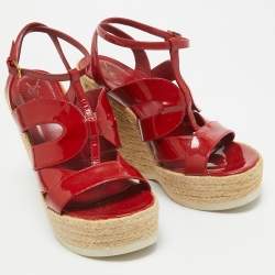 مملوكة مسبقًا Yves Saint Laurent Red Patent Wedge Ankle Sandals Size 39.5