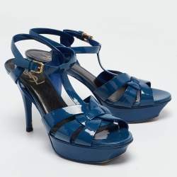 Pre Owned Yves Saint Laurent Blue Patent Tribute Sandals Size 38