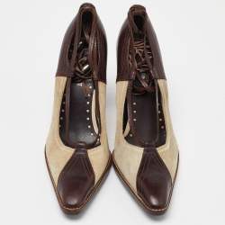 Yves Saint Laurent Brown/Beige Suede and Leather Fringe Detail Ankle Wrap Pumps Size 37