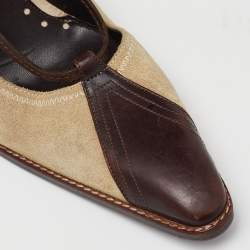 Yves Saint Laurent Brown/Beige Suede and Leather Fringe Detail Ankle Wrap Pumps Size 37